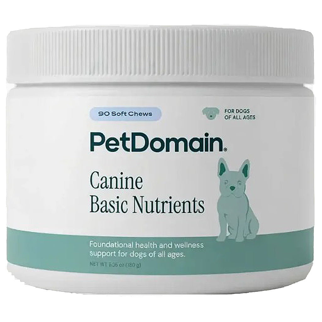 A white plastic jar of PetDomain Canine Basic Nutrients soft chews for dogs, featuring a white lid and a label with teal accents and a dog illustration.