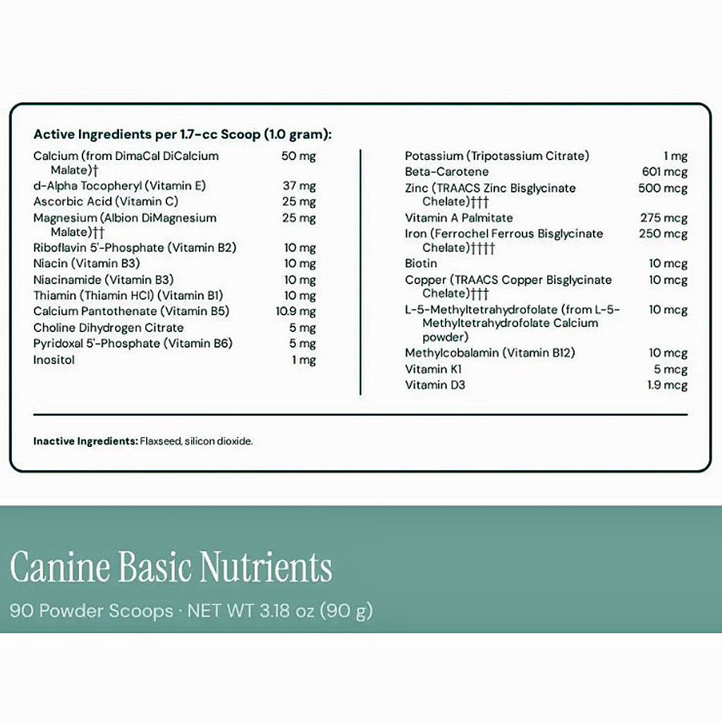 A supplement facts panel for Canine Basic Nutrients powder, showing a 17-cc scoop weight and a list of active ingredients and amounts in mg, with a teal banner at the bottom reading 'Canine Basic Nutrients' and '90 Powder Scoops • NET WT 3.18 oz (90 g)'.