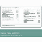 A supplement facts panel for Canine Basic Nutrients powder, showing a 17-cc scoop weight and a list of active ingredients and amounts in mg, with a teal banner at the bottom reading 'Canine Basic Nutrients' and '90 Powder Scoops • NET WT 3.18 oz (90 g)'.