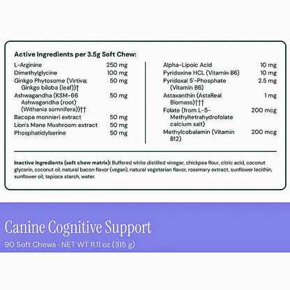 A supplement facts label for Canine Cognitive Support soft chews, showing active ingredients and inactive ingredients per 3.5g soft chew, with a purple footer stating 90 Soft Chews and NET WT 1.