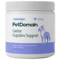 A white plastic jar of PetDomain Canine Cognitive Support chews for dogs, featuring a white lid and a label with dark green text and a purple illustration of a dog.