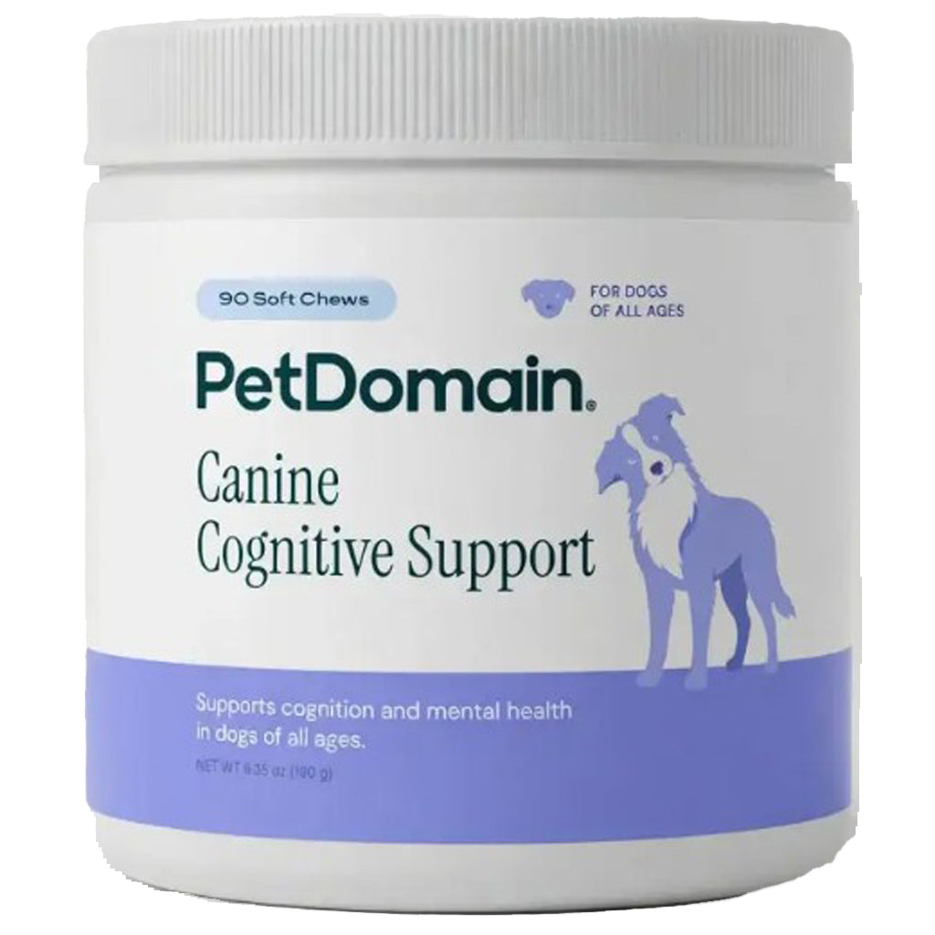 A white plastic jar of PetDomain Canine Cognitive Support chews for dogs, featuring a white lid and a label with dark green text and a purple illustration of a dog.