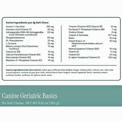 A supplement facts label for Canine Geriatric Basics 90 Soft Chews, showing a table of active and inactive ingredients per 2g soft chew with a teal footer containing the product name and weight.