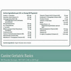 A supplement facts panel for Canine Geriatric Basics, showing a list of active ingredients in mg amounts for 2.0 scoops (0.