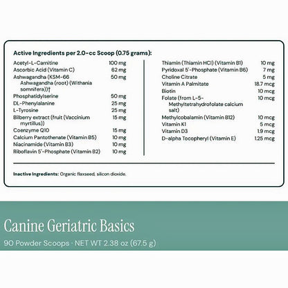 A supplement facts panel for Canine Geriatric Basics, showing a list of active ingredients in mg amounts for 2.0 scoops (0.