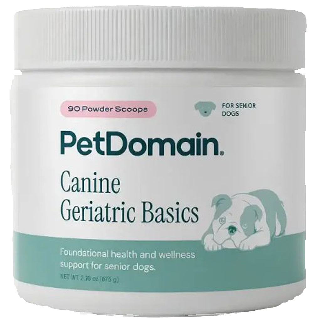 A white plastic jar of PetDomain Canine Geriatric Basics for senior dogs, featuring a white ribbed lid and a label with teal and pink accents.