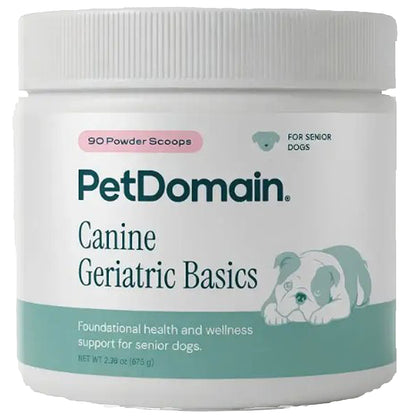 A white plastic jar of PetDomain Canine Geriatric Basics for senior dogs, featuring a white ribbed lid and a label with teal and pink accents.