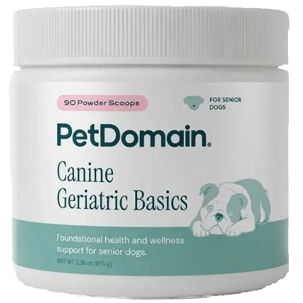 A white plastic jar of PetDomain Canine Geriatric Basics for senior dogs, featuring a white ribbed lid and a label with teal and pink accents.
