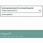 A product information panel for CollagenVET collagen peptides. The top section shows active ingredients per 5.