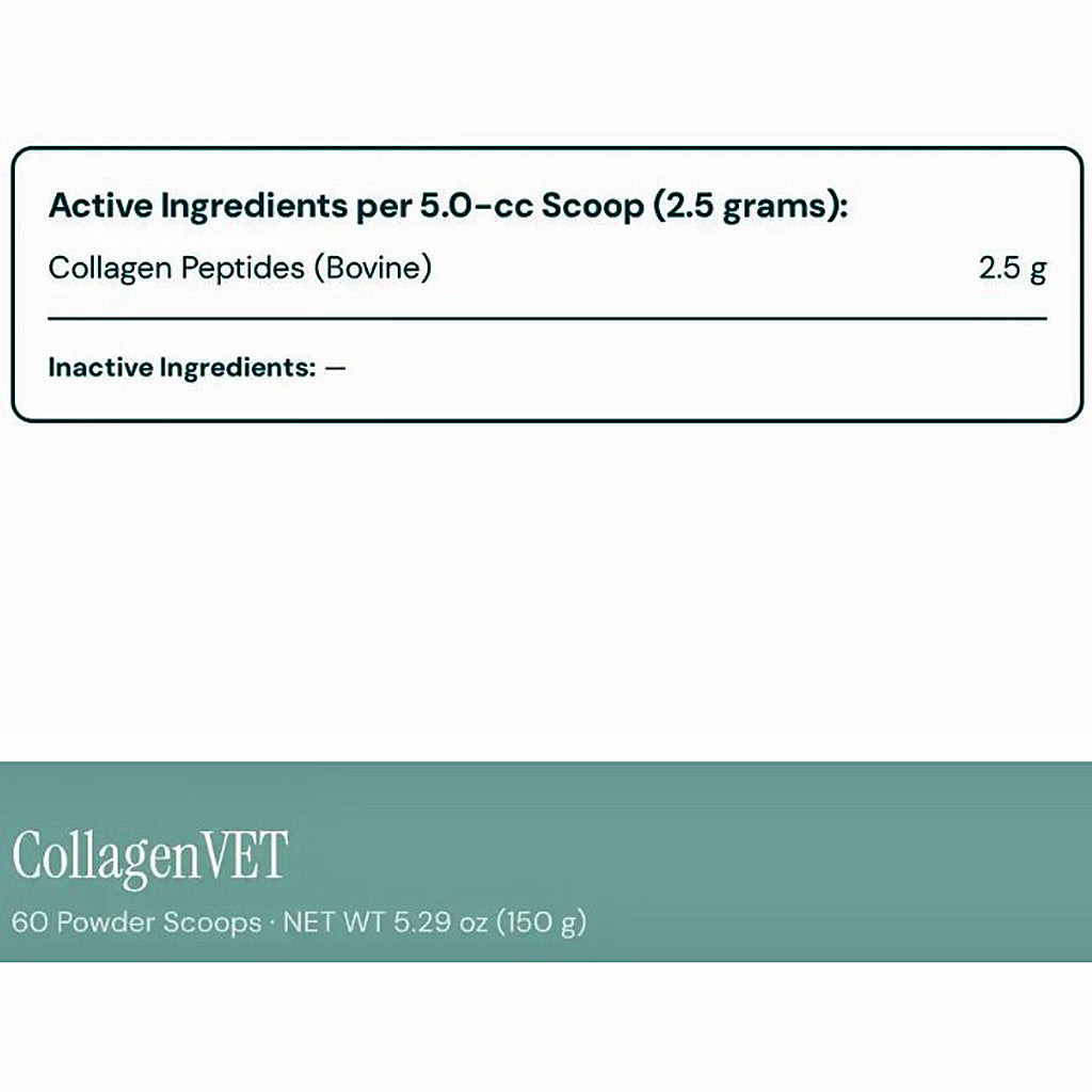 A product information panel for CollagenVET collagen peptides. The top section shows active ingredients per 5.