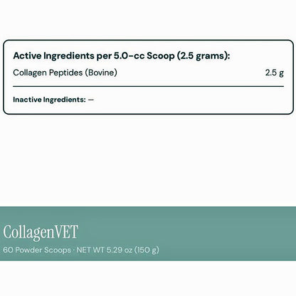 A product information panel for CollagenVET collagen peptides. The top section shows active ingredients per 5.
