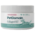 A white plastic tub of PetDomain CollagenVET pet supplement powder, featuring a white ribbed lid and a label with teal and pink accents.