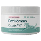 A white plastic tub of PetDomain CollagenVET pet supplement powder, featuring a white ribbed lid and a label with teal and pink accents.