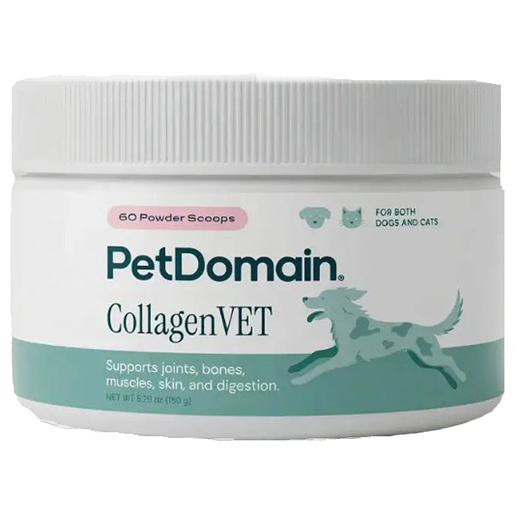 A white plastic tub of PetDomain CollagenVET pet supplement powder, featuring a white ribbed lid and a label with teal and pink accents.
