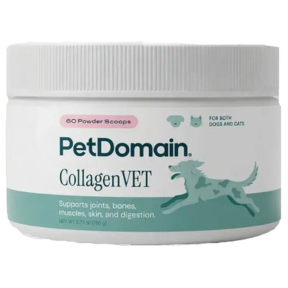 A white plastic tub of PetDomain CollagenVET pet supplement powder, featuring a white ribbed lid and a label with teal and pink accents.