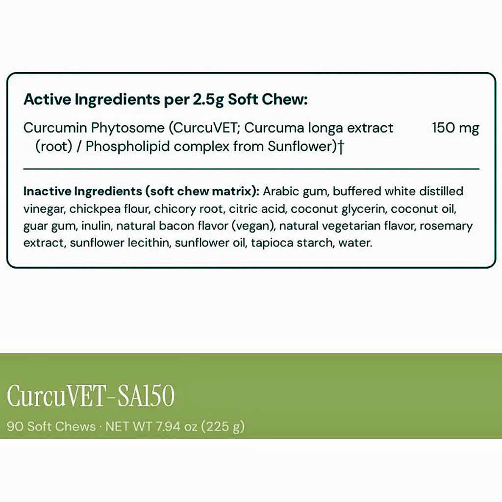 A product information panel for CurcuVET-SA150 soft chews, showing active and inactive ingredients per 2.5g soft chew, with a green footer reading CurcuVET-SA150, 90 Soft Chews, and NET WT 7.