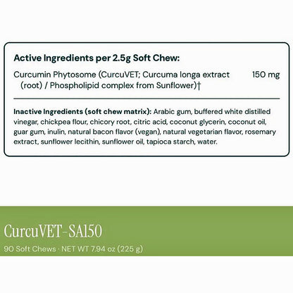 A product information panel for CurcuVET-SA150 soft chews, showing active and inactive ingredients per 2.5g soft chew, with a green footer reading CurcuVET-SA150, 90 Soft Chews, and NET WT 7.