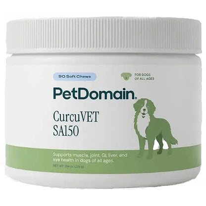A white plastic jar of PetDomain CurcuVET SA150 dog supplement with a ribbed white lid, featuring a green and white label with a dog illustration.