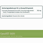 A product information card for CurcuVET-SA150 showing active ingredients per 1.0-cc scoop (0.