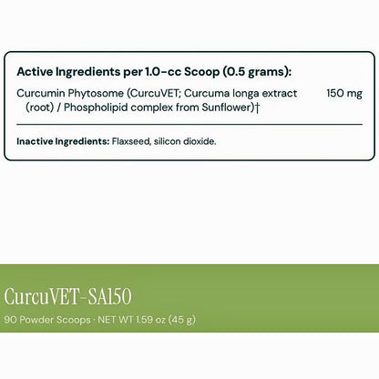 A product information card for CurcuVET-SA150 showing active ingredients per 1.0-cc scoop (0.