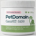A white plastic jar of PetDomain CurcuVET-SA150 supplement powder with a white lid, featuring a green and pink label with dog and cat silhouettes.