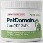 A white plastic jar of PetDomain CurcuVET-SA150 supplement powder with a white lid, featuring a green and pink label with dog and cat silhouettes.