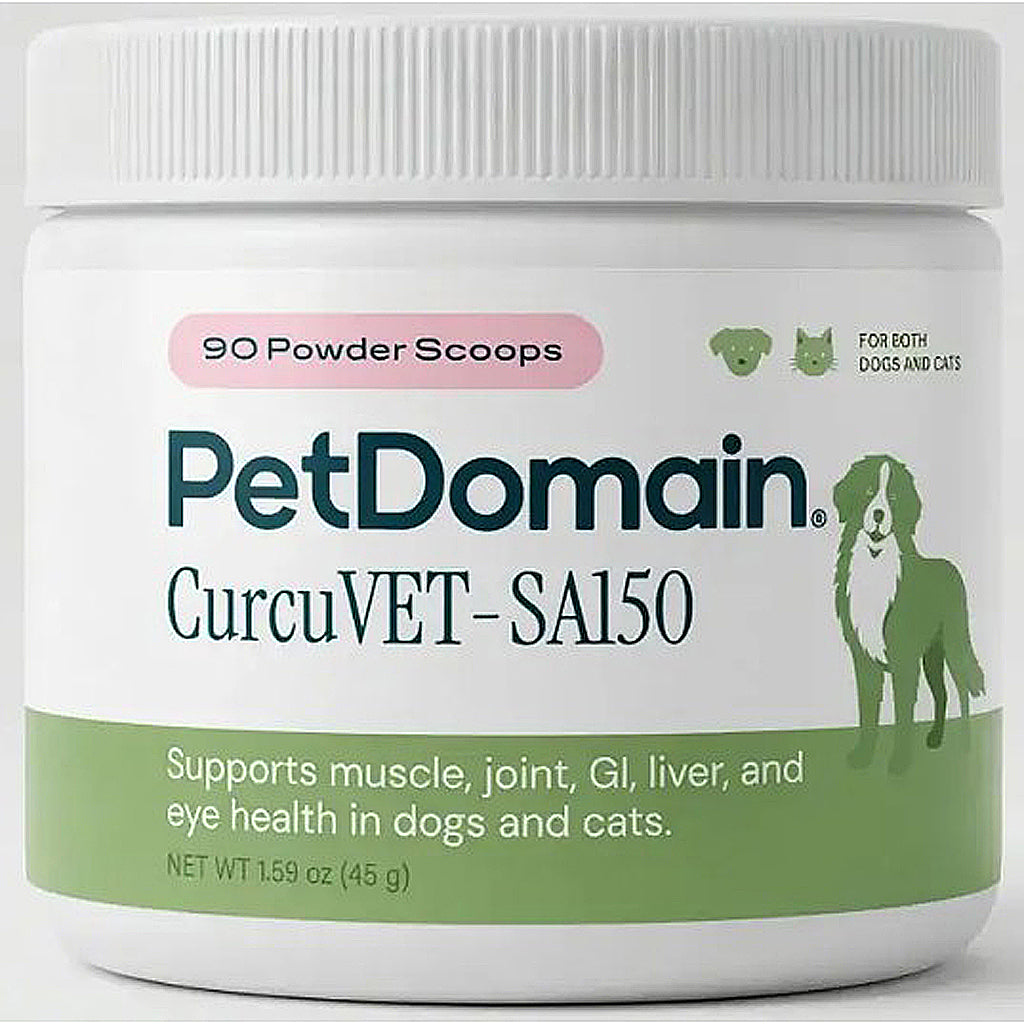 A white plastic jar of PetDomain CurcuVET-SA150 supplement powder with a white lid, featuring a green and pink label with dog and cat silhouettes.