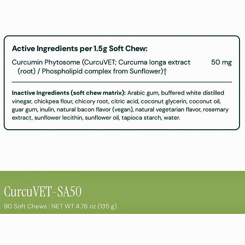 CurcuVET-SA50 product information card showing active ingredients per 1.5g soft chew and inactive ingredients list, with a green band at the bottom reading CurcuVET-SA50, 90 Soft Chews, NET WT 4.