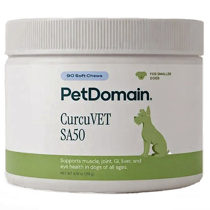 A white plastic jar of PetDomain CurcuVET SA50 dog supplement with a ribbed white lid, featuring a green dog silhouette on the label.
