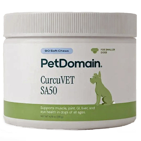 A white plastic jar of PetDomain CurcuVET SA50 dog supplement with a ribbed white lid, featuring a green dog silhouette on the label.