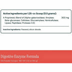 A product information panel for Digestive Enzyme Formula showing active ingredients per 1.25-cc scoop (0.