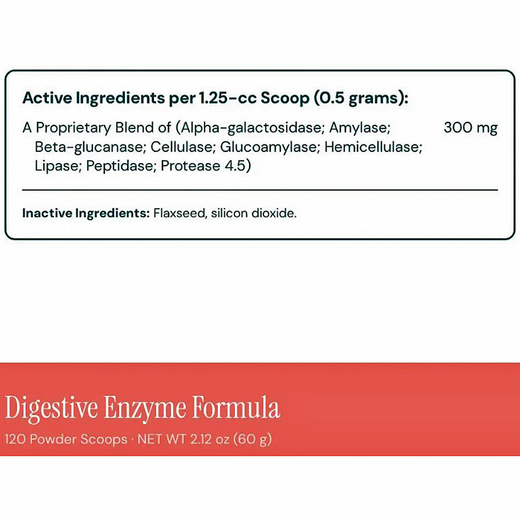 A product information panel for Digestive Enzyme Formula showing active ingredients per 1.25-cc scoop (0.