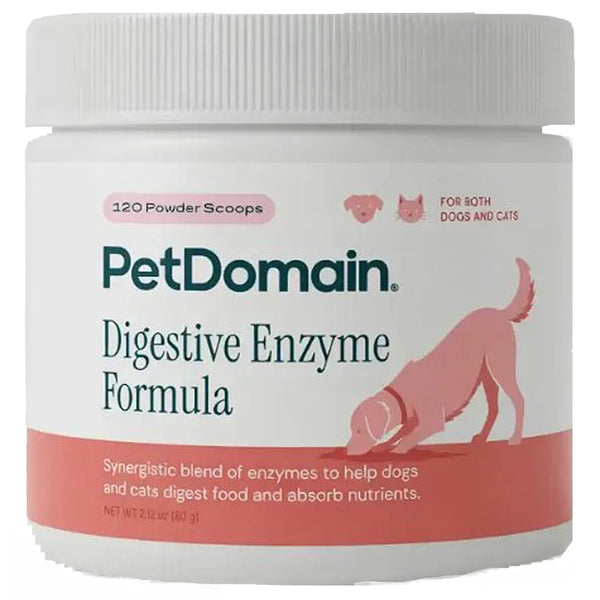 A white plastic jar of PetDomain Digestive Enzyme Formula with a white screw-top lid. The label features the brand name 'PetDomain' in dark green, with pink accents including a dog illustration and text indicating '120 Powder Scoops' and suitability for both dogs and cats.