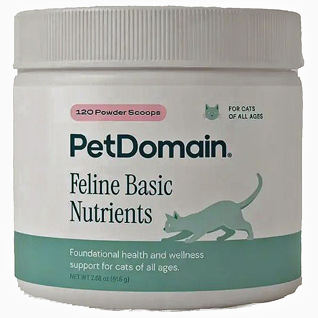 A white plastic jar of PetDomain Feline Basic Nutrients with a white ribbed lid, featuring a label with a teal cat silhouette and a teal band at the bottom.