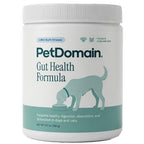 front label for Gut Health Formula Soft Chew treats, dog on label, for both cats and dogs