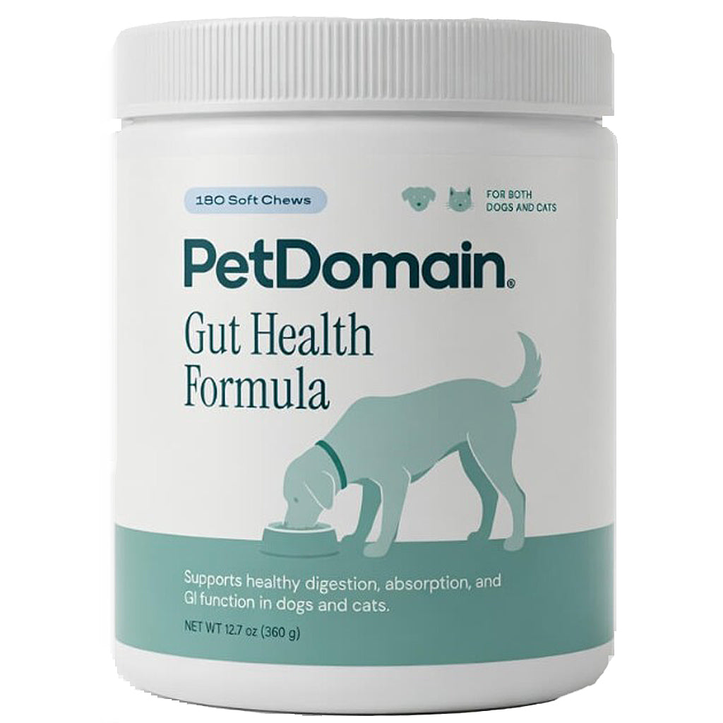 front label for Gut Health Formula Soft Chew treats, dog on label, for both cats and dogs