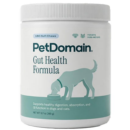 front label for Gut Health Formula Soft Chew treats, dog on label, for both cats and dogs