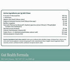 A supplement facts label for Gut Health Formula Soft Chew treats. The label shows the active ingredients per 2g Soft Chew, including N-Acetyl-D-Glucamine, L-Glutamine, Slippery Elm, Bacillus coagulans, Quercetin Phytosome, Saccharomyces boulardii, Calcium Pantothenate (Vitamin B5), and Folate (Methylcobalamin (Vitamin B12)).
