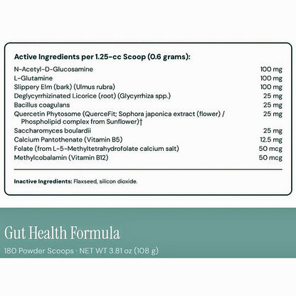 A supplement facts panel for Gut Health Formula showing active ingredients per 1.25-cc scoop (0.