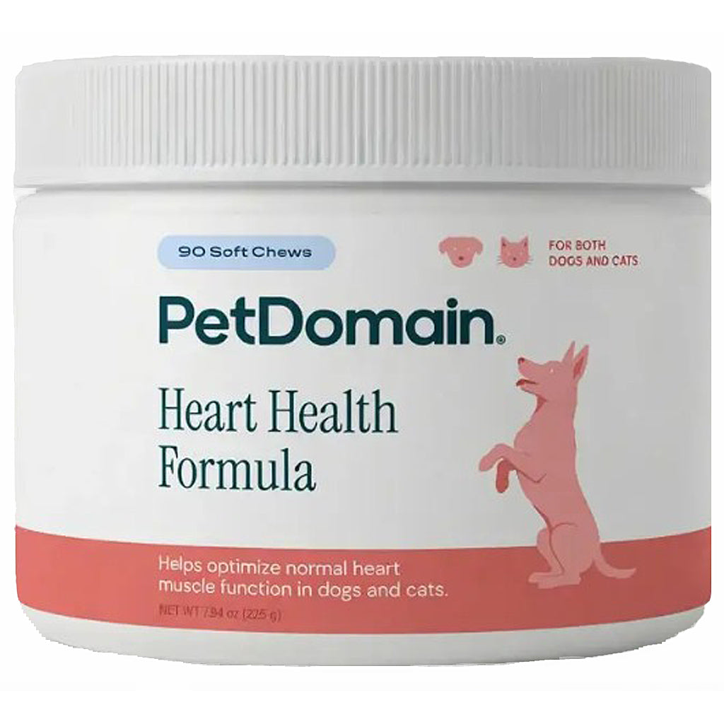 A white plastic jar of PetDomain Heart Health Formula soft chews for dogs and cats, featuring a white ribbed lid and a label with dark teal text and a pink dog illustration.