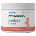 A white plastic jar of PetDomain Heart Health Formula soft chews for dogs and cats, featuring a white ribbed lid and a label with dark teal text and a pink dog illustration.