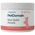 A white plastic jar of PetDomain Heart Health Formula soft chews for dogs and cats, featuring a white ribbed lid and a label with dark teal text and a pink dog illustration.