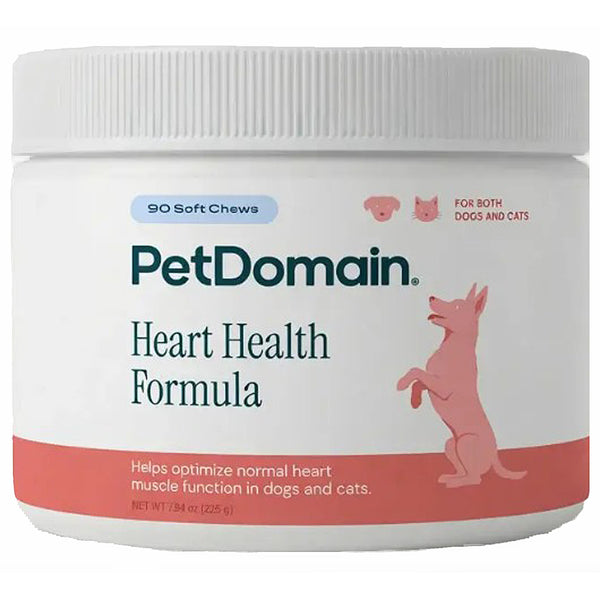 A white plastic jar of PetDomain Heart Health Formula soft chews for dogs and cats, featuring a white ribbed lid and a label with dark teal text and a pink dog illustration.
