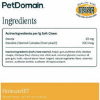 Front packaging panel for PetDomain ModucareVET soft chew supplement, showing the NASC quality seal, product name, and a nutrition/ingredients table with ModucareVET branding on a white and orange background.