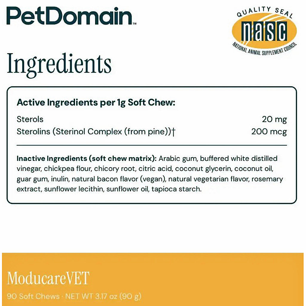 Front packaging panel for PetDomain ModucareVET soft chew supplement, showing the NASC quality seal, product name, and a nutrition/ingredients table with ModucareVET branding on a white and orange background.
