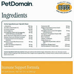 Front packaging panel for PetDomain Quality Seal NASC Immune Support Formula, showing the ingredients list for a 3.5g Soft Chew and a large orange label at the bottom reading 90 Soft Chews - NET WT 12.