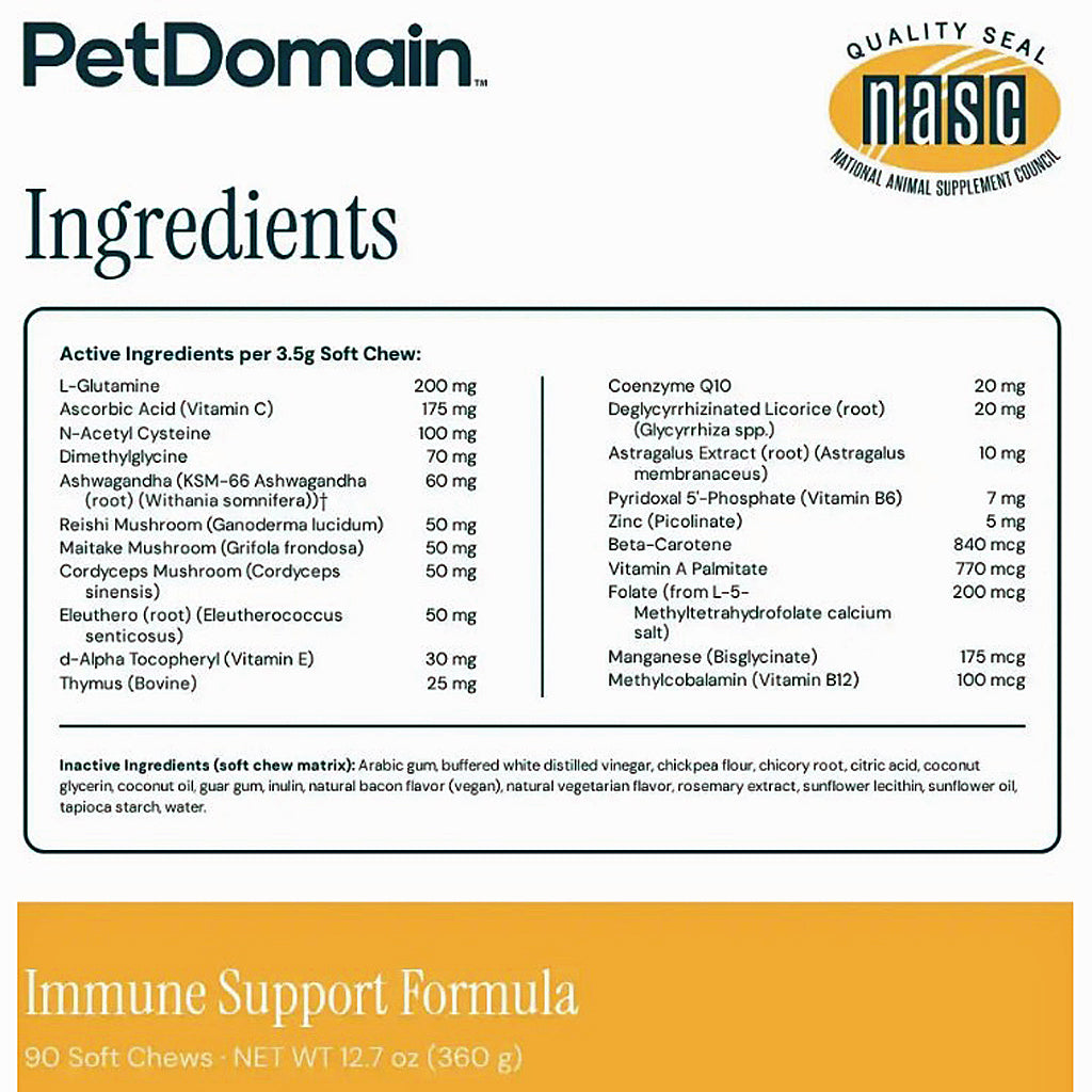 Front packaging panel for PetDomain Quality Seal NASC Immune Support Formula, showing the ingredients list for a 3.5g Soft Chew and a large orange label at the bottom reading 90 Soft Chews - NET WT 12.