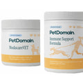 Two white plastic supplement tubs for pets on a plain white background. The left tub reads PetDomain ModucareVET, and the right tub reads PetDomain Immune Support Formula.