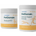 Two white plastic supplement tubs for pets on a plain white background. The left tub reads PetDomain ModucareVET, and the right tub reads PetDomain Immune Support Formula.