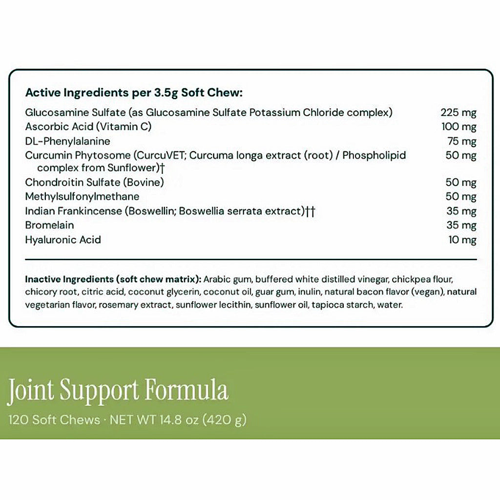 A supplement facts panel for Joint Support Formula soft chews, showing active ingredients and claims text on a white background with a green band at the bottom.